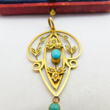 Edwardian 9ct Gold, Turquoise & Seed Pearl Lavalier Drop Pendant c1910 Antique