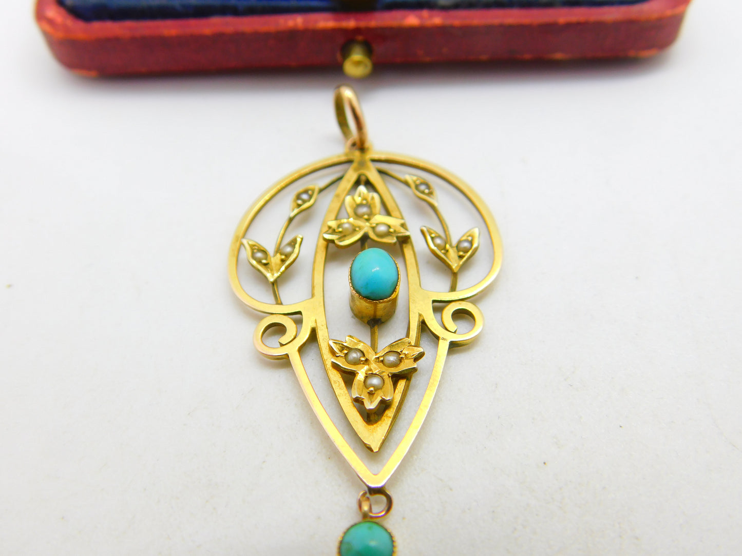 Edwardian 9ct Gold, Turquoise & Seed Pearl Lavalier Drop Pendant c1910 Antique