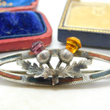 Scottish Sterling Silver, Bloodstone & Agate Thistle Brooch Antique 1925 Deco