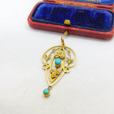 Edwardian 9ct Gold, Turquoise & Seed Pearl Lavalier Drop Pendant c1910 Antique