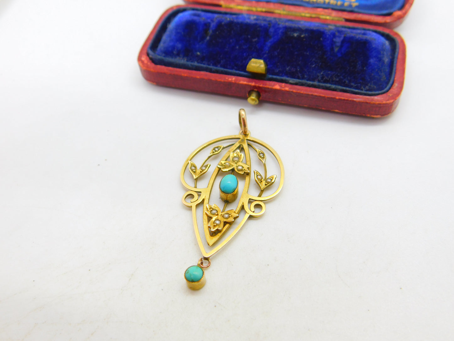 Edwardian 9ct Gold, Turquoise & Seed Pearl Lavalier Drop Pendant c1910 Antique