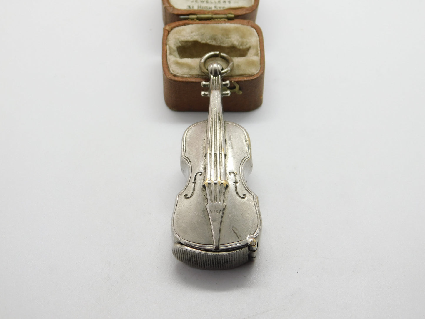 Silver Plated Novelty Violin Classical Vesta Case Antique c1920 Art Deco