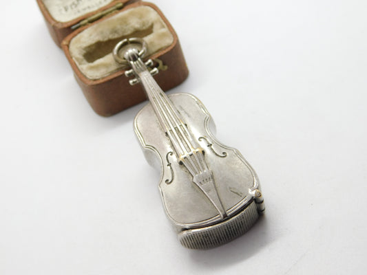 Silver Plated Novelty Violin Classical Vesta Case Antique c1920 Art Deco