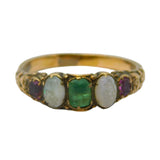 Victorian 18ct Gold, Emerald, Garnet, Opal Floral Dress Ring Antique c1840
