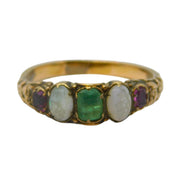 Victorian 18ct Gold, Emerald, Garnet, Opal Floral Dress Ring Antique c1840