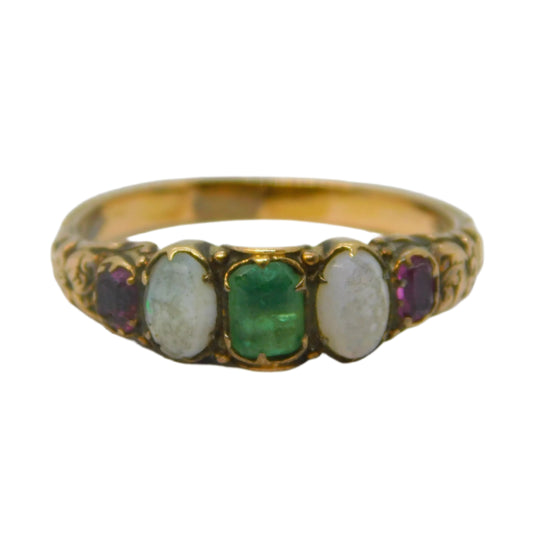 Victorian 18ct Gold, Emerald, Garnet, Opal Floral Dress Ring Antique c1840