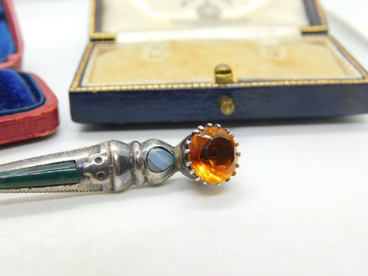 Robert Allison Scottish Sterling Silver Agate, Bloodstone, Citrine Brooch Vintage Edinburgh 1962