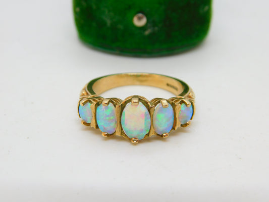 9ct Yellow Gold, Five Stone Graduated Opal Band Ring Vintage 1993 Birmingham