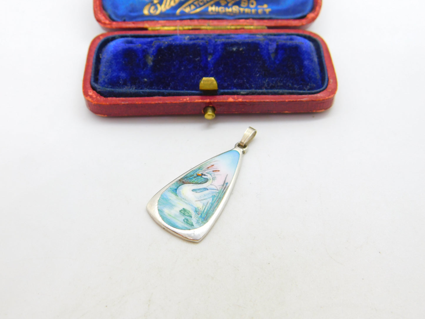 Sterling Silver Colourful Enamel Swan on Water Drop Pendant c1970 Vintage