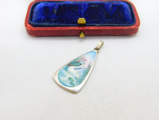 Sterling Silver Colourful Enamel Swan on Water Drop Pendant c1970 Vintage