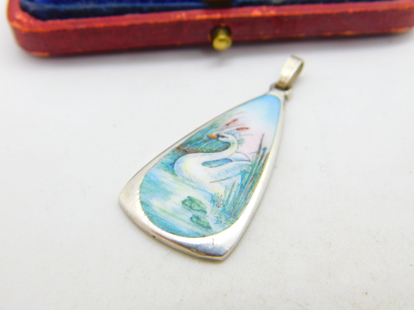 Sterling Silver Colourful Enamel Swan on Water Drop Pendant c1970 Vintage