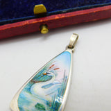 Sterling Silver Colourful Enamel Swan on Water Drop Pendant c1970 Vintage