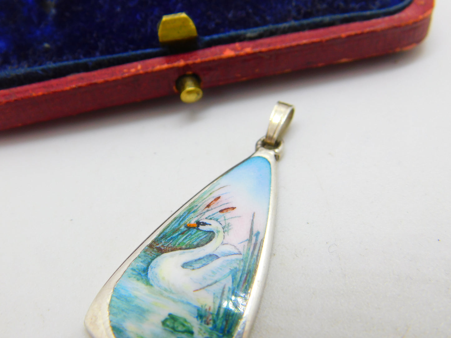 Sterling Silver Colourful Enamel Swan on Water Drop Pendant c1970 Vintage