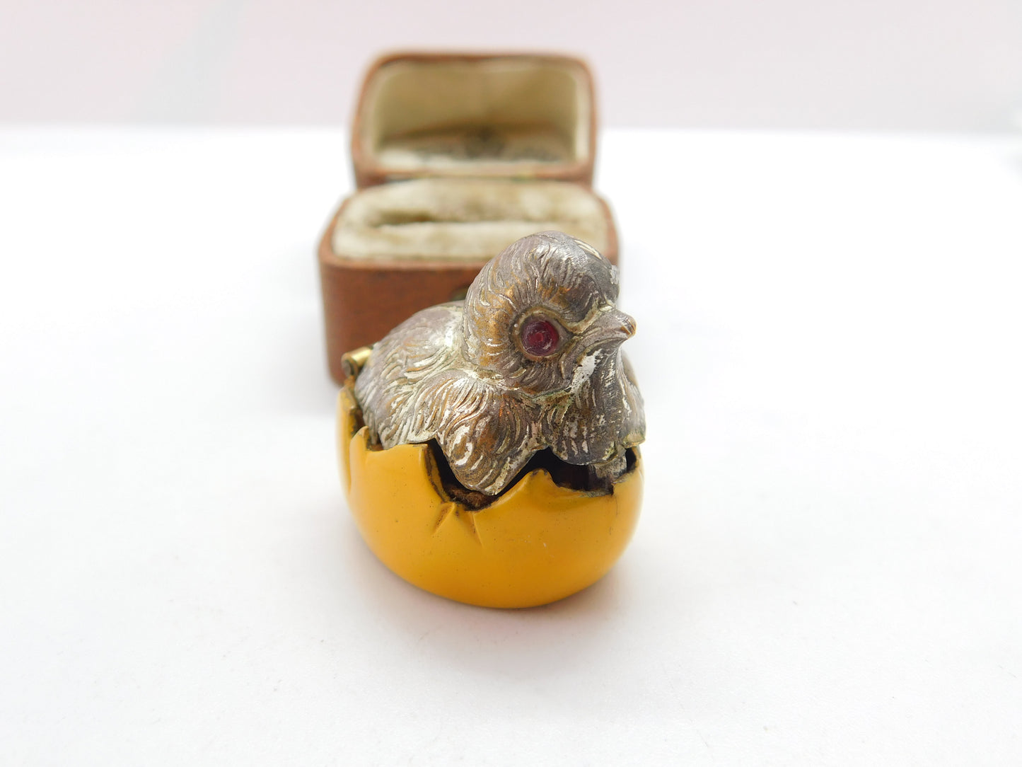 Silver Plated Yellow Enamel Chick in Egg Sewing Thimble Case c1910 Antique