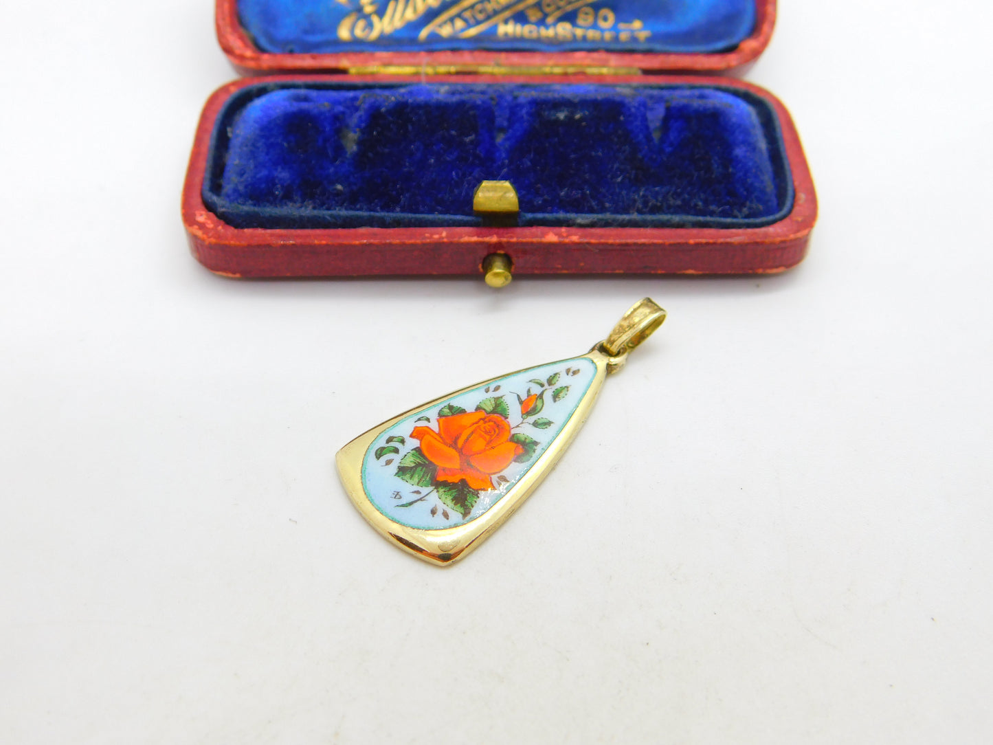 Sterling Silver Gilt Rose Flower Enamel Drop Pendant 1988 Birmingham