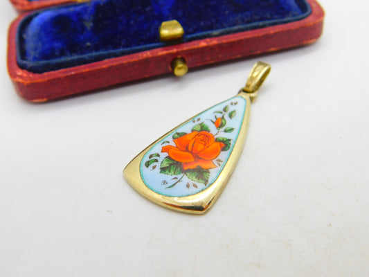 Sterling Silver Gilt Rose Flower Enamel Drop Pendant 1988 Birmingham