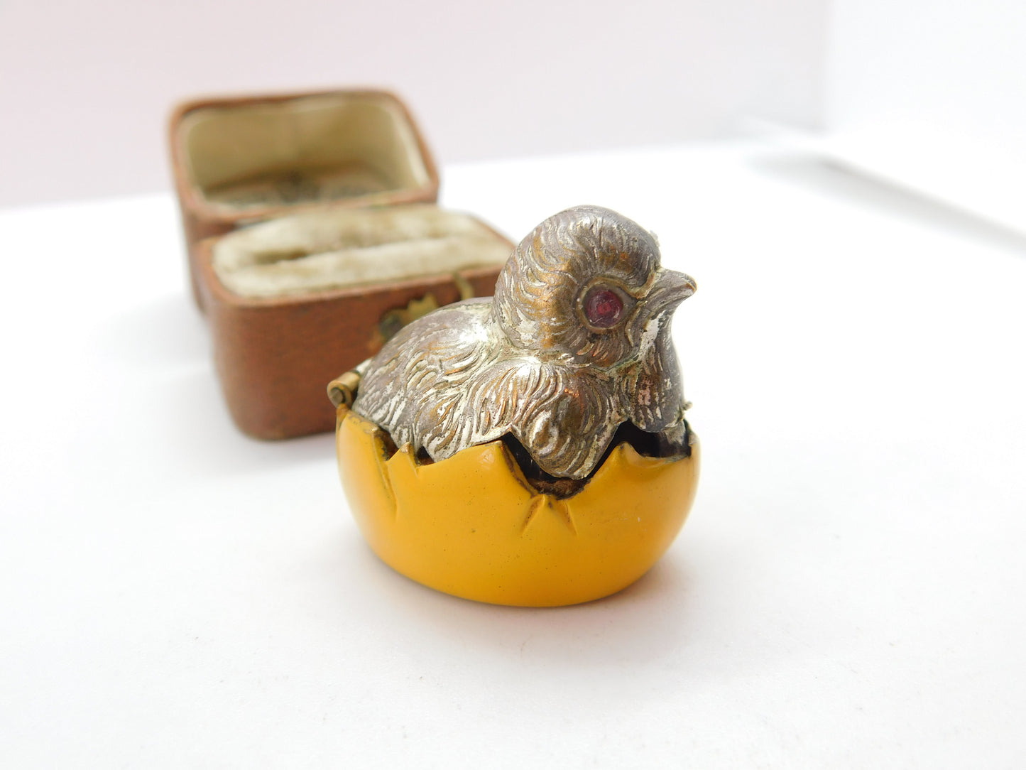 Silver Plated Yellow Enamel Chick in Egg Sewing Thimble Case c1910 Antique