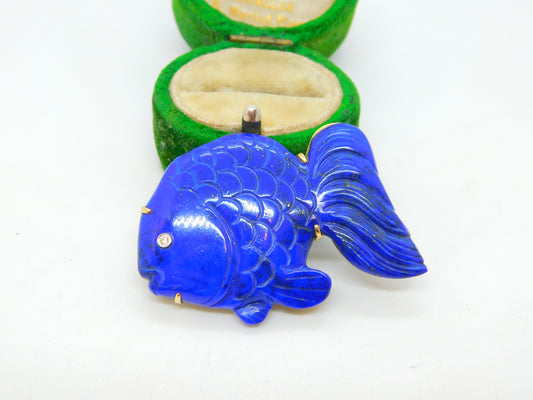 14ct Yellow Gold, Carved Lapis Lazuli & Diamond Fish Brooch Vintage c1980