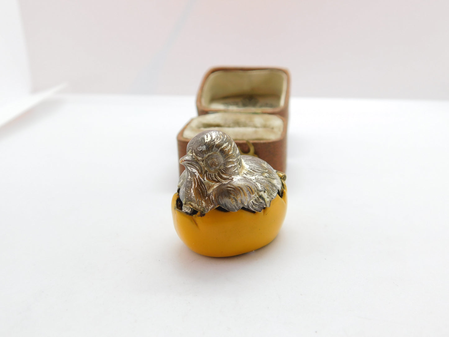 Silver Plated Yellow Enamel Chick in Egg Sewing Thimble Case c1910 Antique