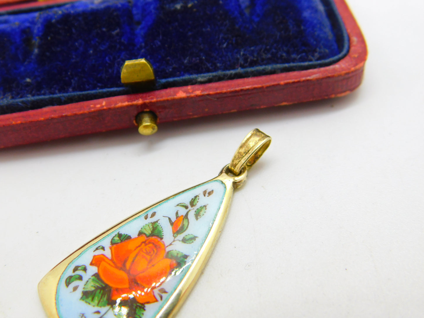 Sterling Silver Gilt Rose Flower Enamel Drop Pendant 1988 Birmingham