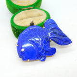 14ct Yellow Gold, Carved Lapis Lazuli & Diamond Fish Brooch Vintage c1980