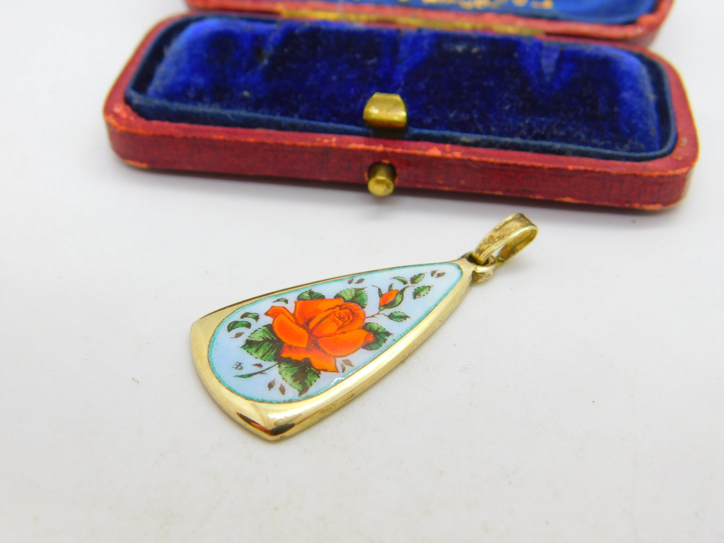 Sterling Silver Gilt Rose Flower Enamel Drop Pendant 1988 Birmingham