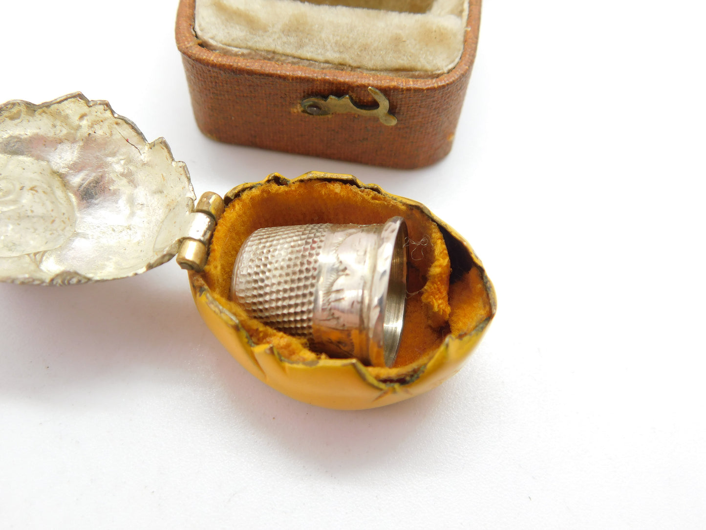 Silver Plated Yellow Enamel Chick in Egg Sewing Thimble Case c1910 Antique