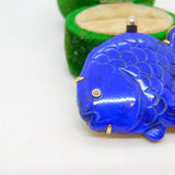 14ct Yellow Gold, Carved Lapis Lazuli & Diamond Fish Brooch Vintage c1980