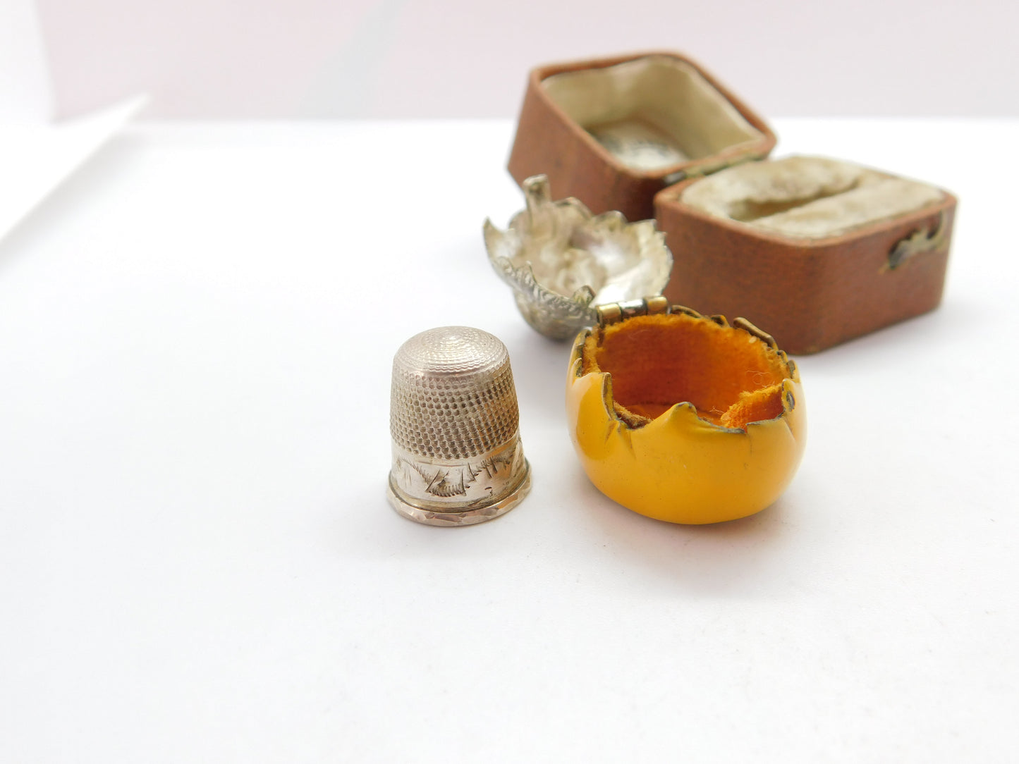 Silver Plated Yellow Enamel Chick in Egg Sewing Thimble Case c1910 Antique