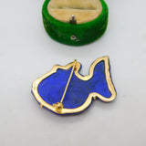 14ct Yellow Gold, Carved Lapis Lazuli & Diamond Fish Brooch Vintage c1980