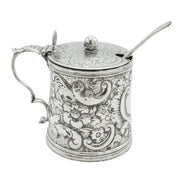 Victorian Sterling Silver Floral Pattern Barrel Mustard Pot Antique 1886 London