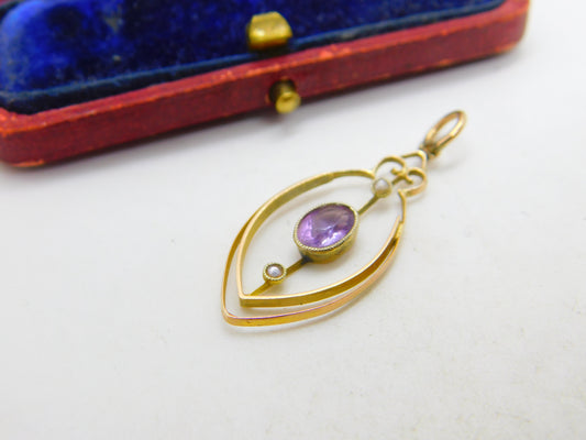 Edwardian 9ct Gold, Seed Pearl & Amethyst Drop Pendant c1910 Antique