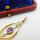 Edwardian 9ct Gold, Seed Pearl & Amethyst Drop Pendant c1910 Antique