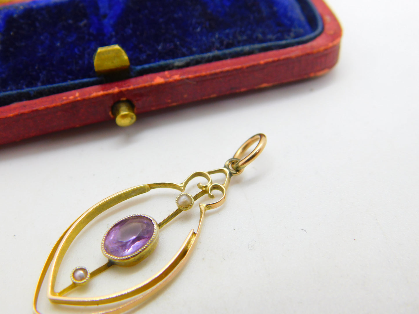 Edwardian 9ct Gold, Seed Pearl & Amethyst Drop Pendant c1910 Antique