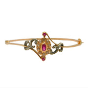 14ct Rose Gold, 1ct Old-Cut Diamond & Ruby Crossover Bangle Bracelet Antique c1920