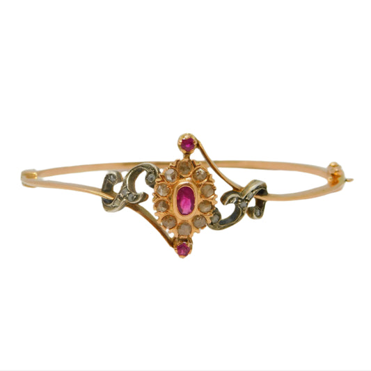 14ct Rose Gold, 1ct Old-Cut Diamond & Ruby Crossover Bangle Bracelet Antique c1920
