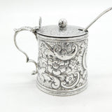 Victorian Sterling Silver Floral Pattern Barrel Mustard Pot Antique 1886 London