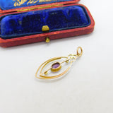 Edwardian 9ct Gold, Seed Pearl & Amethyst Drop Pendant c1910 Antique