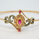 14ct Rose Gold, 1ct Old-Cut Diamond & Ruby Crossover Bangle Bracelet Antique c1920