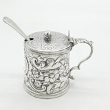 Victorian Sterling Silver Floral Pattern Barrel Mustard Pot Antique 1886 London