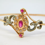 14ct Rose Gold, 1ct Old-Cut Diamond & Ruby Crossover Bangle Bracelet Antique c1920