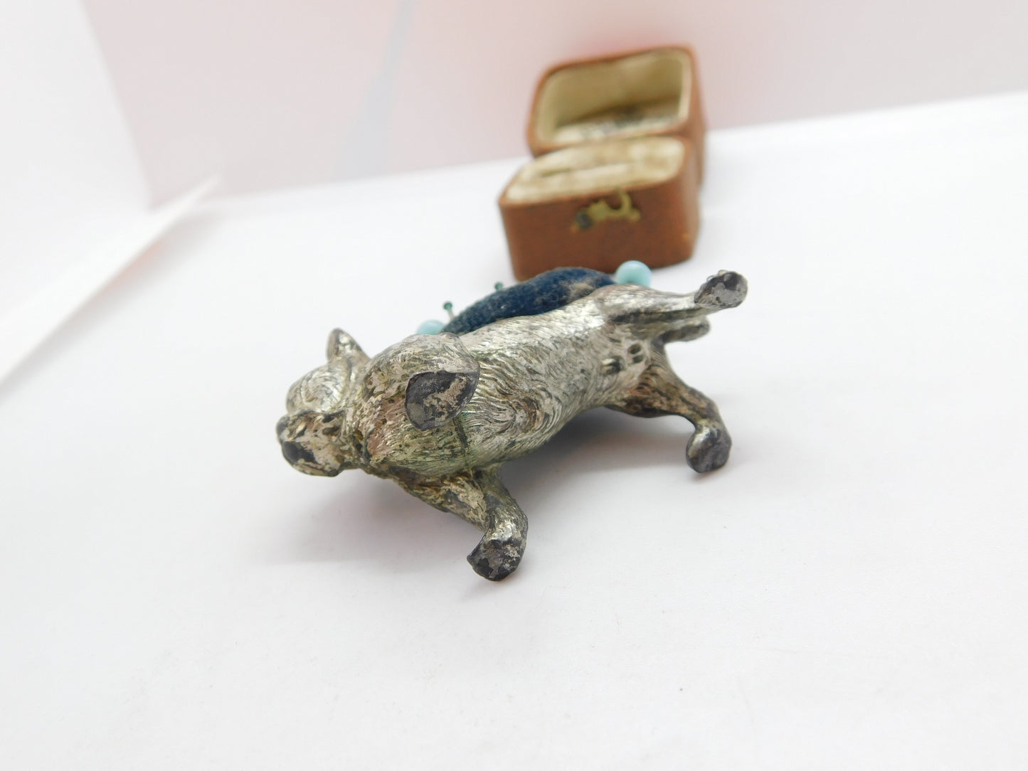 Silver Plated Novelty Bulldog Sewing Pin Cushion Antique c1920 Art Deco