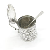Victorian Sterling Silver Floral Pattern Barrel Mustard Pot Antique 1886 London