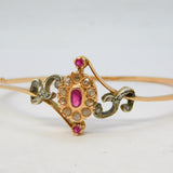 14ct Rose Gold, 1ct Old-Cut Diamond & Ruby Crossover Bangle Bracelet Antique c1920