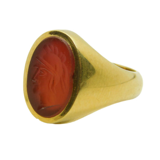 18ct Yellow Gold Carnelian Agate Centurion Intaglio Signet Ring Vintage 1968 London