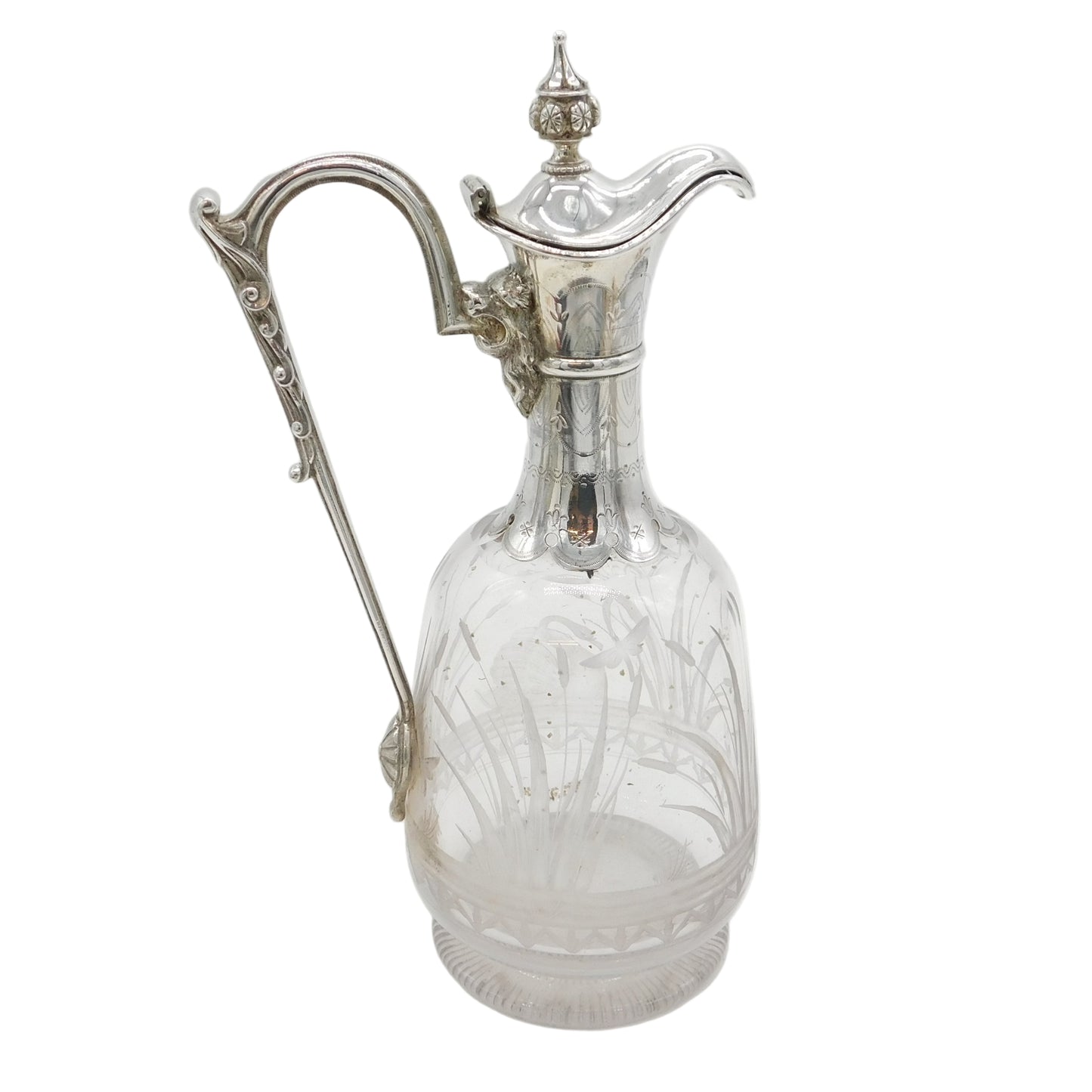 19th Century Silver Plated Etched Glass Lion & Swan Claret Jug Antique c1860