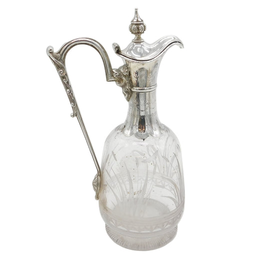 19th Century Silver Plated Etched Glass Lion & Swan Claret Jug Antique c1860