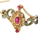 14ct Rose Gold, 1ct Old-Cut Diamond & Ruby Crossover Bangle Bracelet Antique c1920