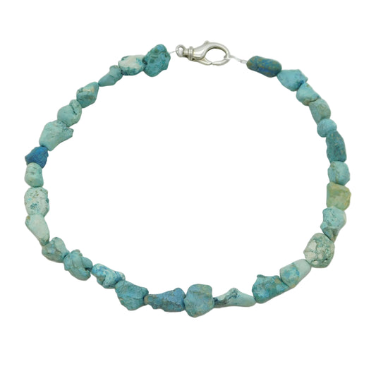Sterling Silver & Raw Turquoise Set Beaded Chain Necklace Vintage c1970