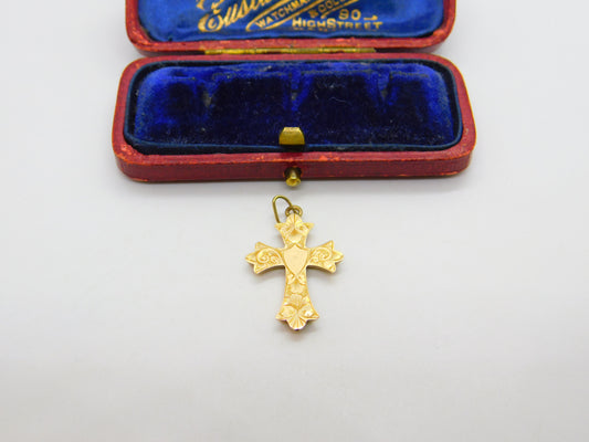 Edwardian 9ct Yellow Gold Floral Pattern Cross Pendant 1904 Birmingham Antique